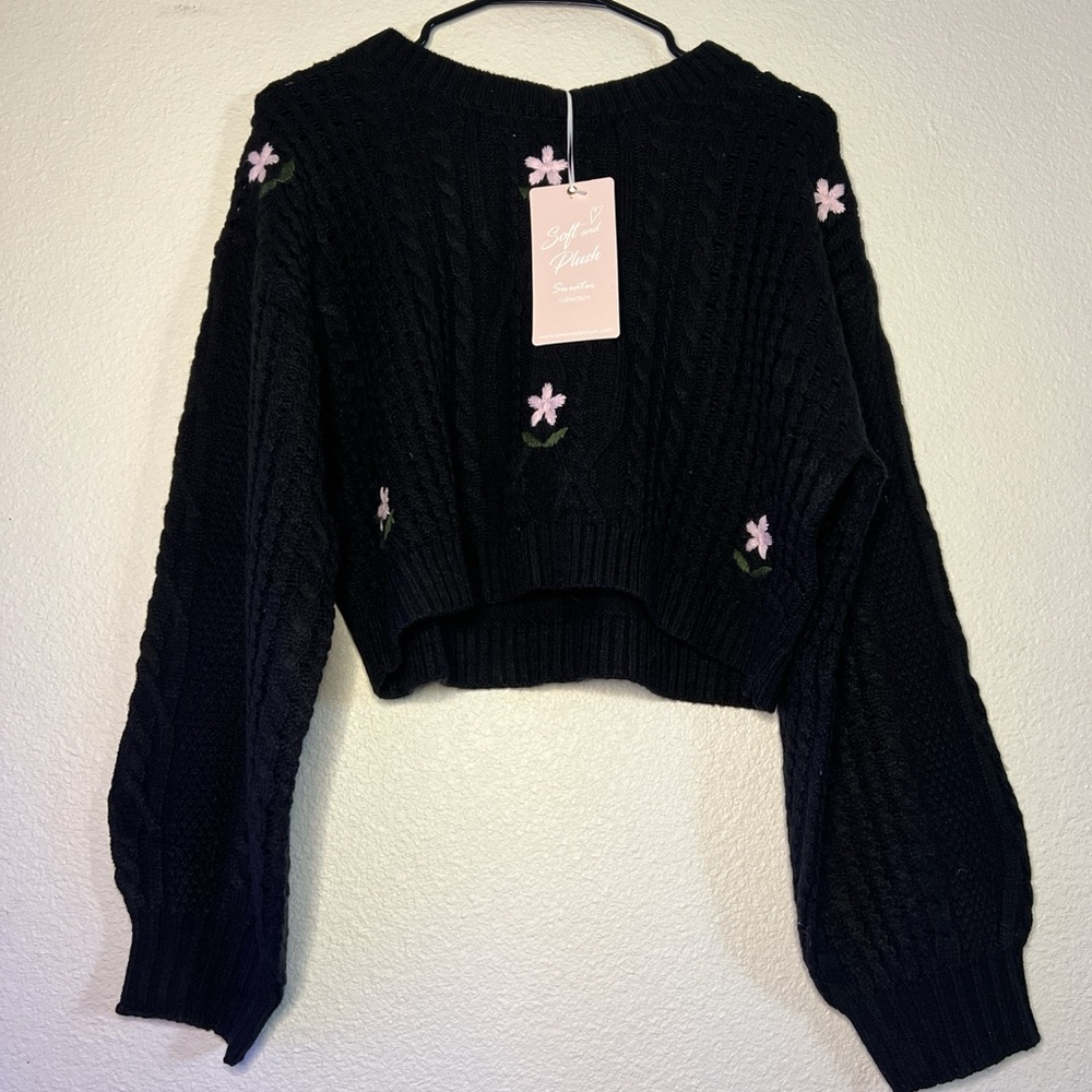 Love Tree Black Sweater with Pink Floral Details